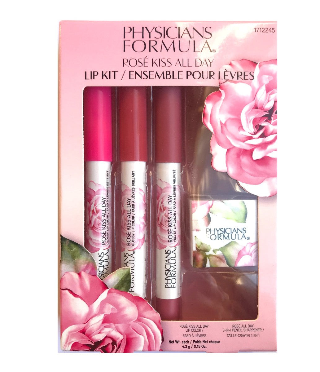 Physicians Formula Rose Kiss All Day Lip Kit Gift Set 3 Glossy Lip + S