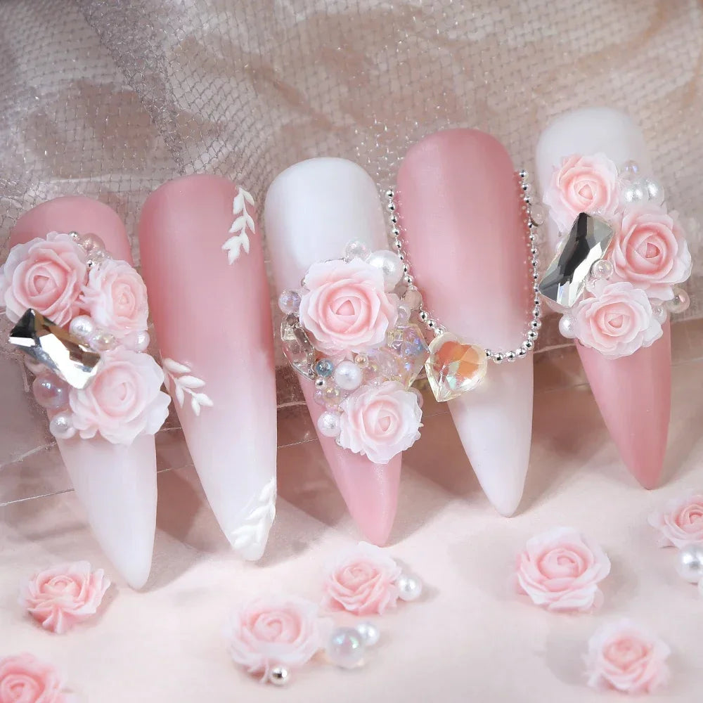 30pcs Pink Rose Flower, 3D Nail Charms, Nail Art Decal, Pearl Beads, Rhinestones Nail Decor for Spring & Valentine