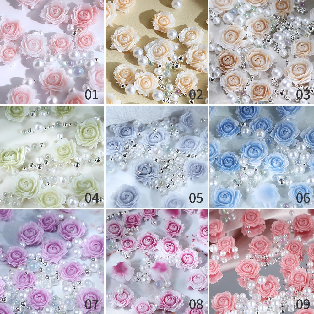 30pcs Pink Rose Flower, 3D Nail Charms, Nail Art Decal, Pearl Beads, Rhinestones Nail Decor for Spring & Valentine