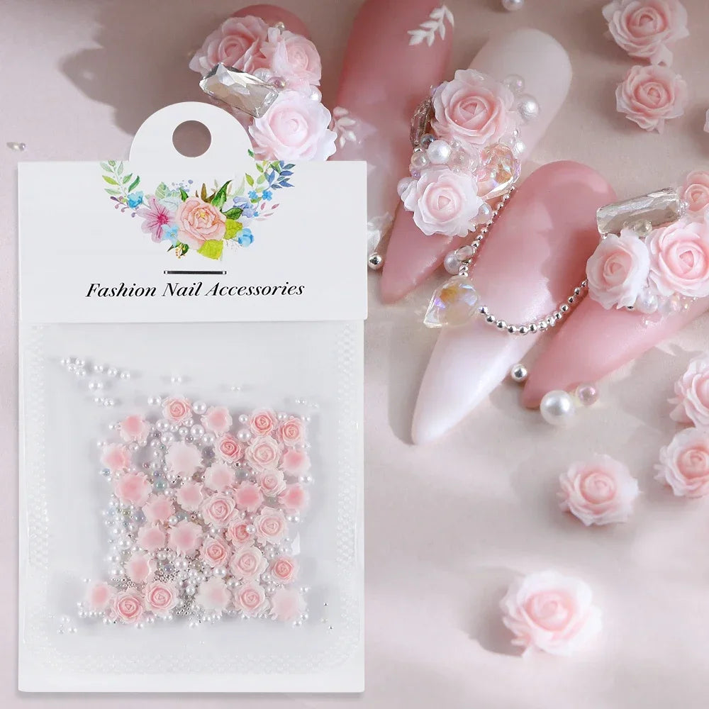 30pcs Pink Rose Flower, 3D Nail Charms, Nail Art Decal, Pearl Beads, Rhinestones Nail Decor for Spring & Valentine