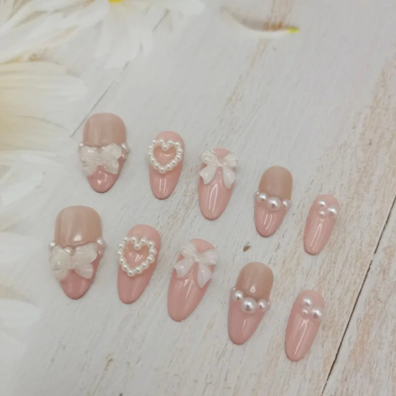 10pcs handmade Press-on Nails, Custom Made Fake Nail Art With Pearls, Bows for Wedding, Spring & Summer in Japanese Style