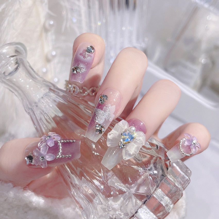 24pcs Fake Nail/Press-on Nail with Glitters and Rhinestones in Japanese Style