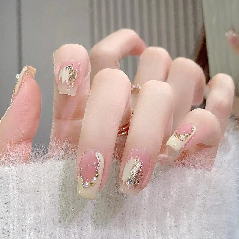 24pcs Fake Nail/Press-on Nail with Glitters and Rhinestones in Japanese Style
