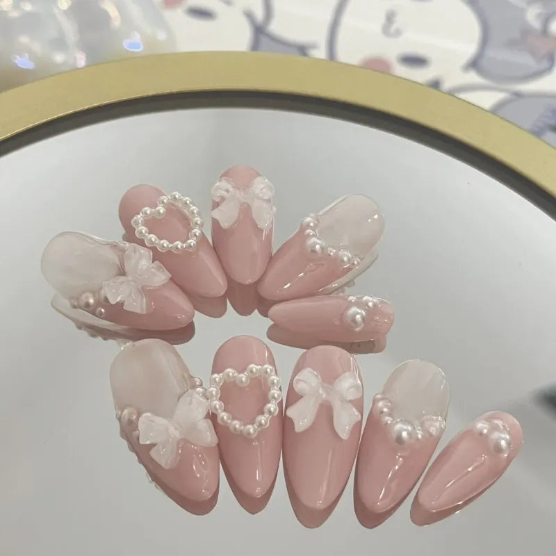 10pcs handmade Press-on Nails, Custom Made Fake Nail Art With Pearls, Bows for Wedding, Spring & Summer in Japanese Style