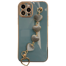Load image into Gallery viewer, US SHIP Soft iPhone Case for iPhone 13 With Plating Love Heart Chain, Heart Wrist Hand Strap, Pink, Gray, White, Blue or Green
