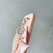 Load image into Gallery viewer, US SHIP Pink iPhone Case for iPhone 13 with Loopy Pink Bow Ribbon, Hand Strap, Imitation Pearl Chain
