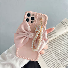 Load image into Gallery viewer, US SHIP Pink iPhone Case for iPhone 13 with Loopy Pink Bow Ribbon, Hand Strap, Imitation Pearl Chain

