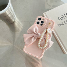 Load image into Gallery viewer, US SHIP Pink iPhone Case for iPhone 13 with Loopy Pink Bow Ribbon, Hand Strap, Imitation Pearl Chain
