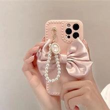 Load image into Gallery viewer, US SHIP Pink iPhone Case for iPhone 13 with Loopy Pink Bow Ribbon, Hand Strap, Imitation Pearl Chain
