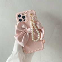 Load image into Gallery viewer, US SHIP Pink iPhone Case for iPhone 13 with Loopy Pink Bow Ribbon, Hand Strap, Imitation Pearl Chain
