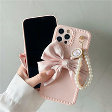 Load image into Gallery viewer, US SHIP Pink iPhone Case for iPhone 13 with Loopy Pink Bow Ribbon, Hand Strap, Imitation Pearl Chain
