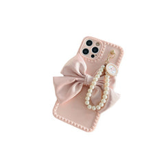 Load image into Gallery viewer, US SHIP Pink iPhone Case for iPhone 13 with Loopy Pink Bow Ribbon, Hand Strap, Imitation Pearl Chain
