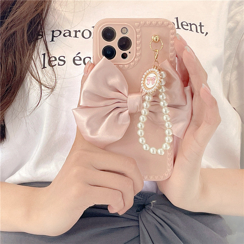 US SHIP Pink iPhone Case for iPhone 13 with Loopy Pink Bow Ribbon, Hand Strap, Imitation Pearl Chain