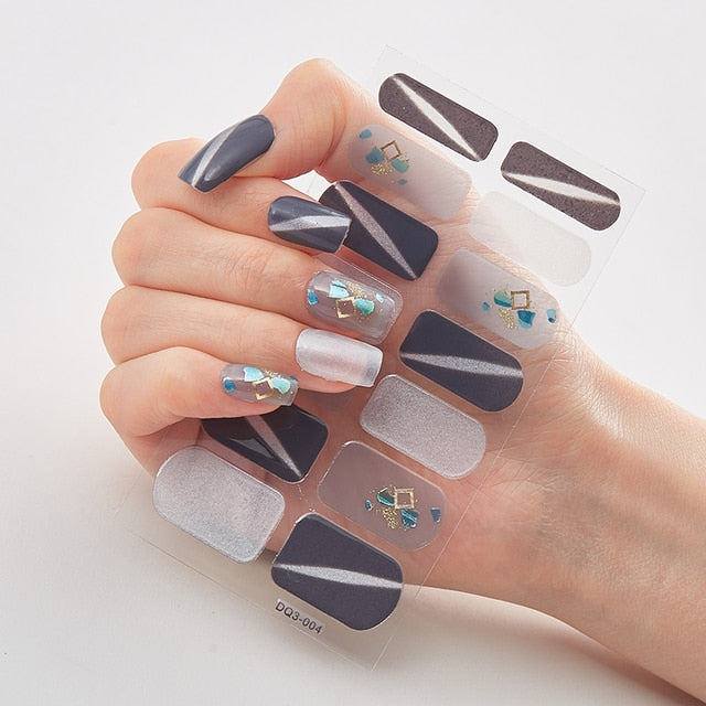  14 Tips Glittering Patterns Color Nail Wraps Nail Stickers DQ3-04 Gray and Blue (2 wks SHIP).